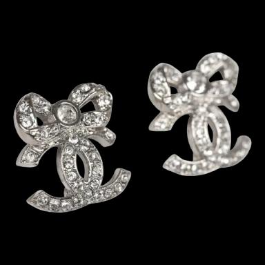 Chanel Mini Crystal Bow CC Stud Earrings Silver Hardware