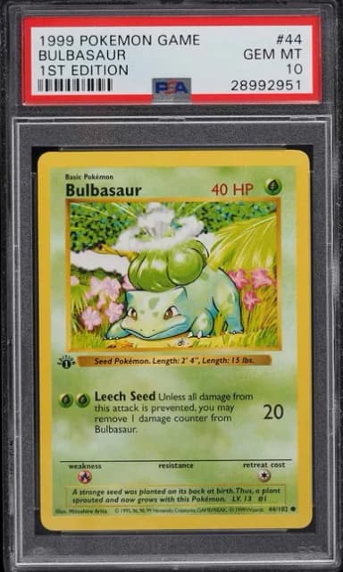 1999 Pokemon Base Set Shadowless 1st Edition Bulbasaur #44 PSA 10 GEM MINT