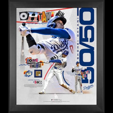 Los Angeles Dodgers Shohei Ohtani Fanatics Authentic 50/50 Club Framed 20" x 24" Season Record Collage with Pieces of Game-Used Dirt and Baseball - Limited Edition of 500